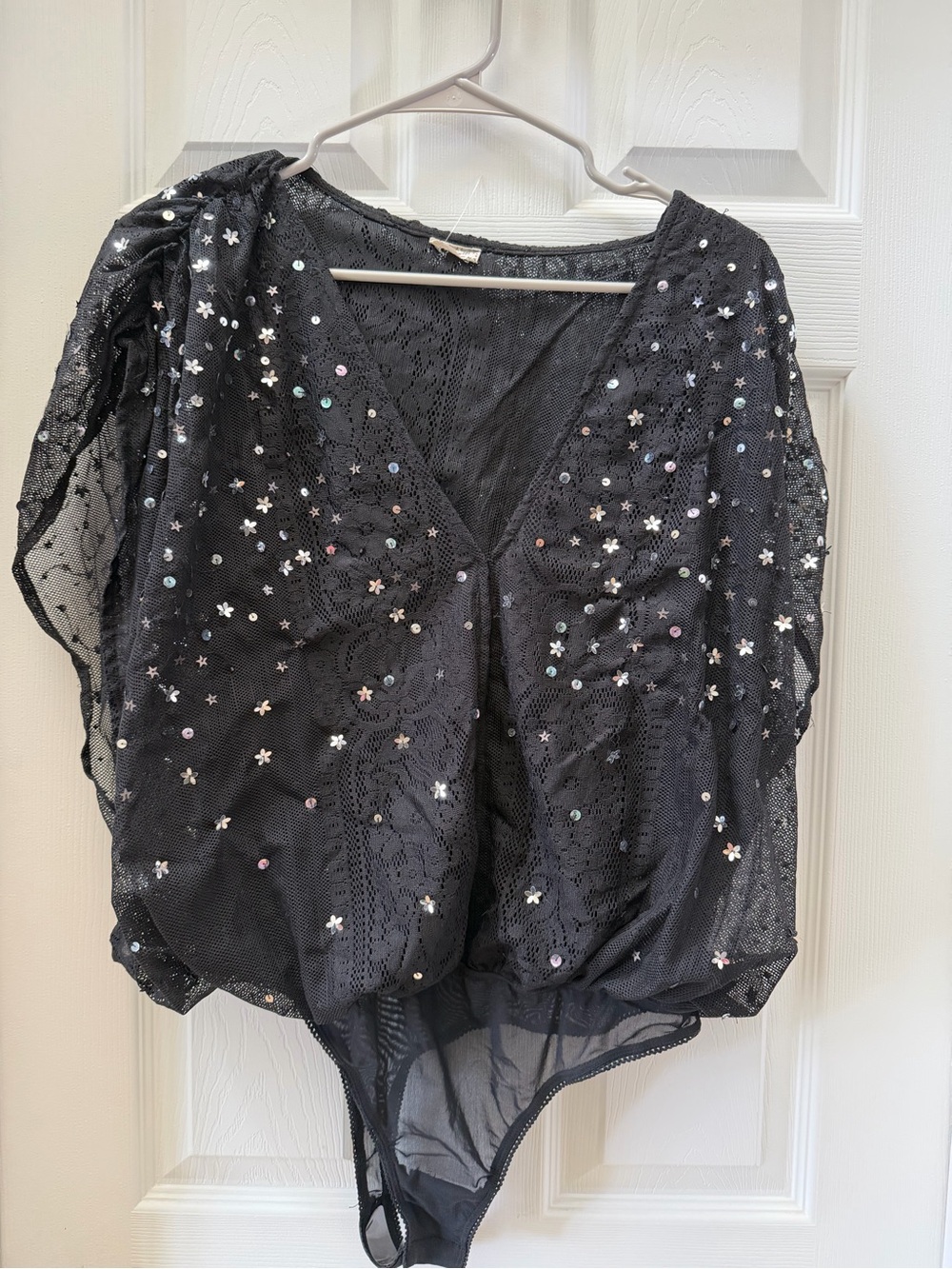 Intimately Free People Black Sequin Lace Draped Bodysuit Size Medium